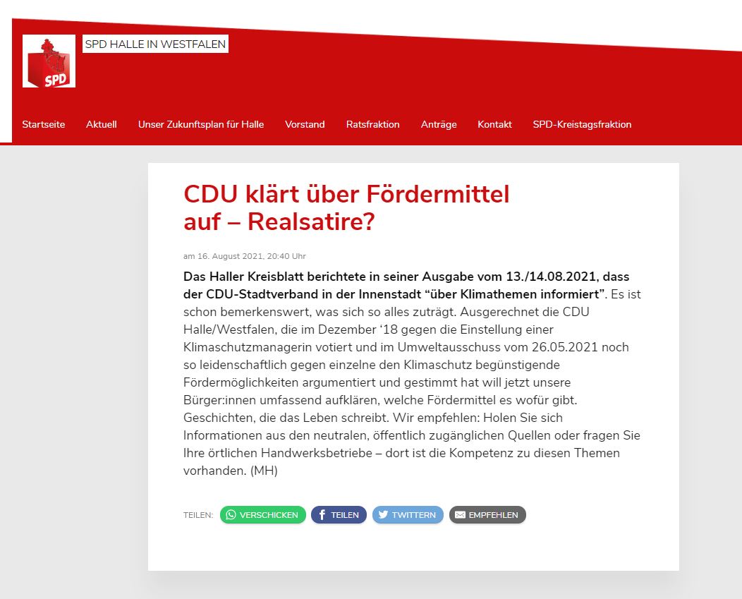 Screen-Shot der Internetseite der SPD Halle (Westf.)